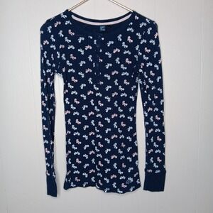 Y2K Fox Riders Co Henley Top Size L Navy Blue Motorcycle Therma Knit Long Sleeve